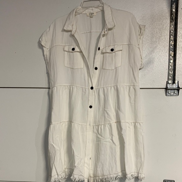 UMGEE FRAYED WHITE BUTTON DOWN MINI DRESS LARGE FLOWY - Picture 2 of 7
